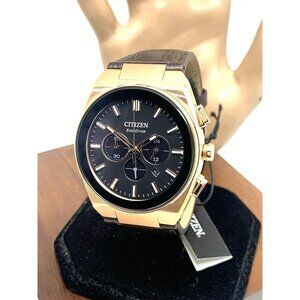 Citizen Mens Watch CA4583-01E Eco Drive Chronograph Rose Gold Brown Leather Band